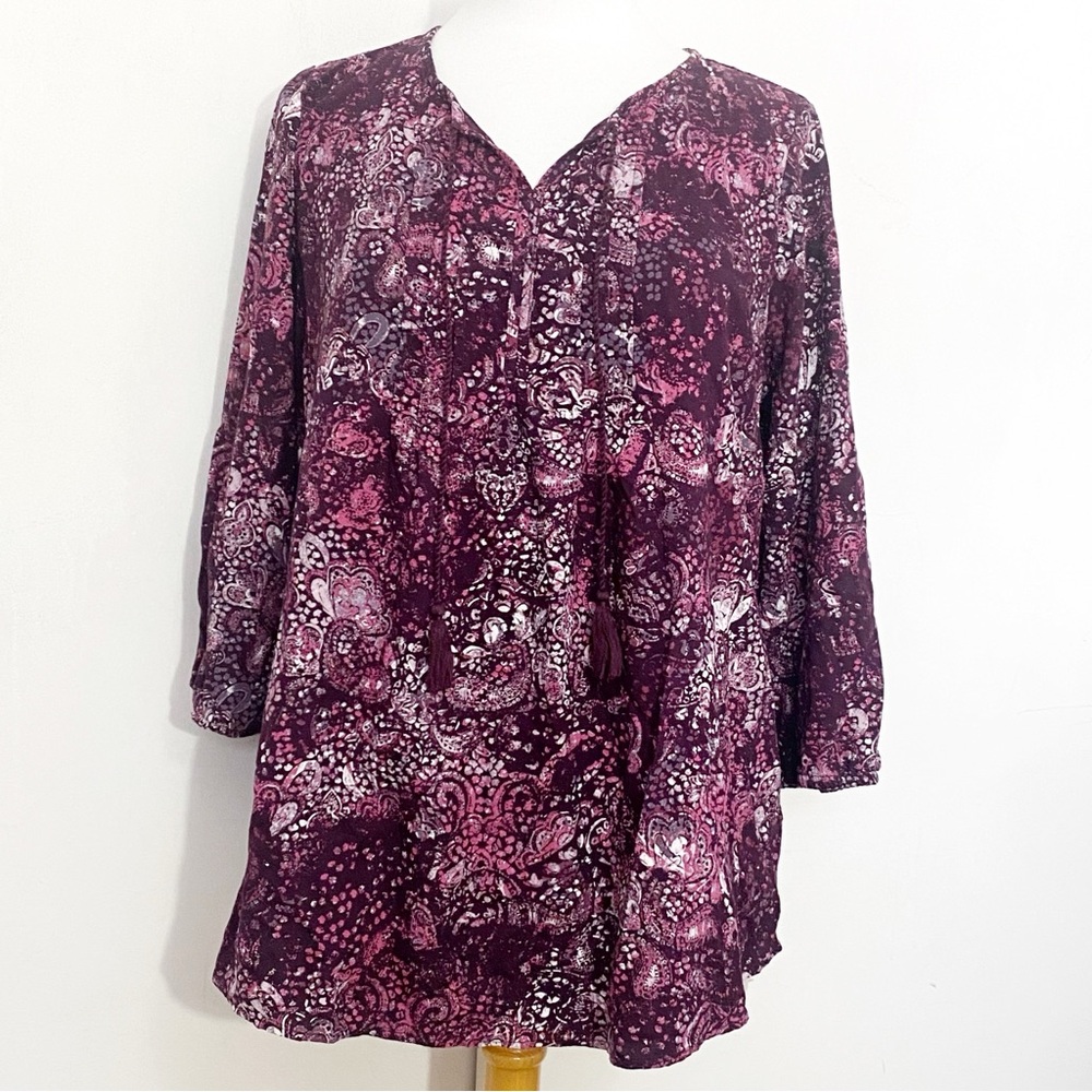 Sonoma Boho Pink And Black Floral Tucked Front Tassel Tie Knit Tunic Top XL